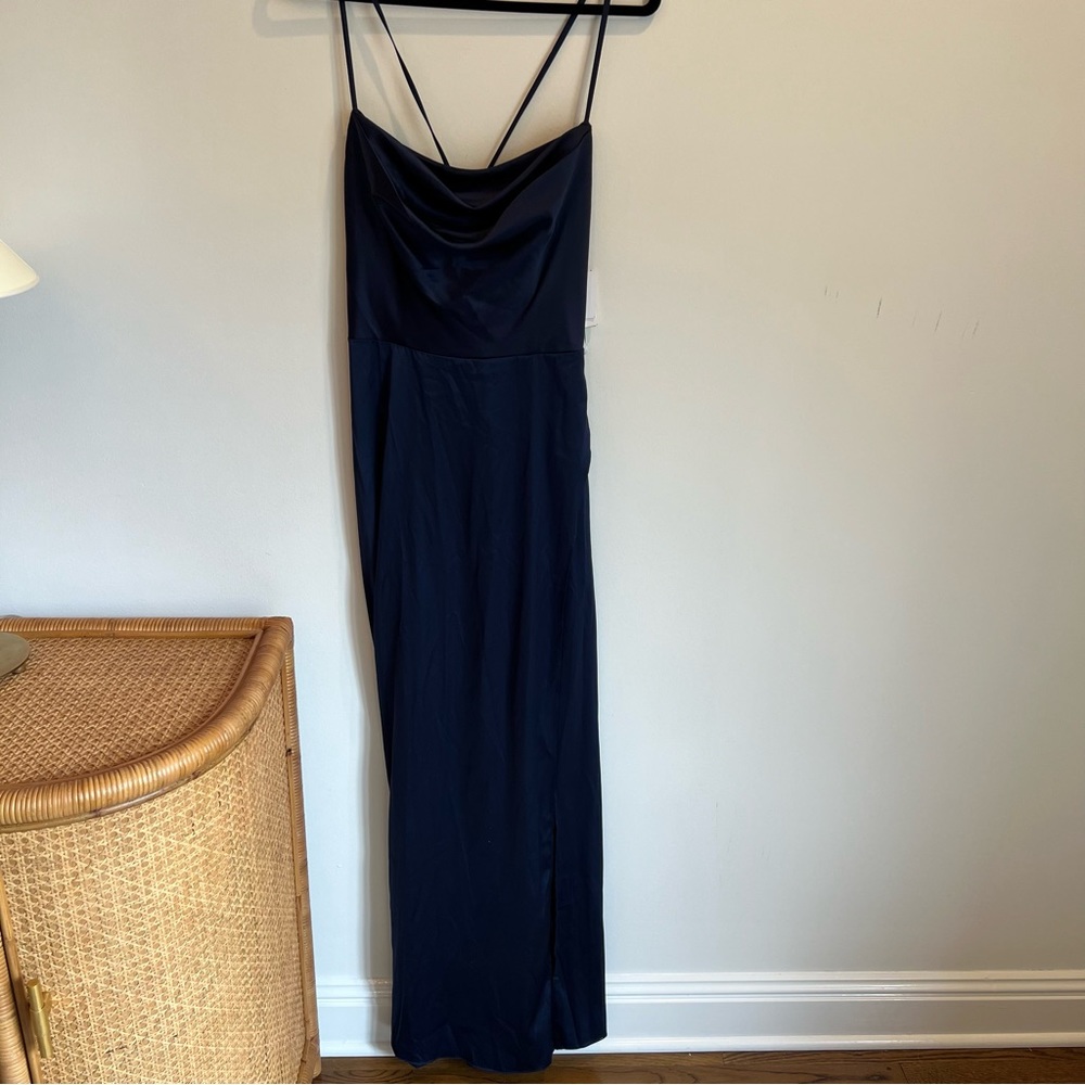 NWT DB Studio Navy Blue cowl neck silky chiffon dress with slit | Size 10 - Picture 2 of 10